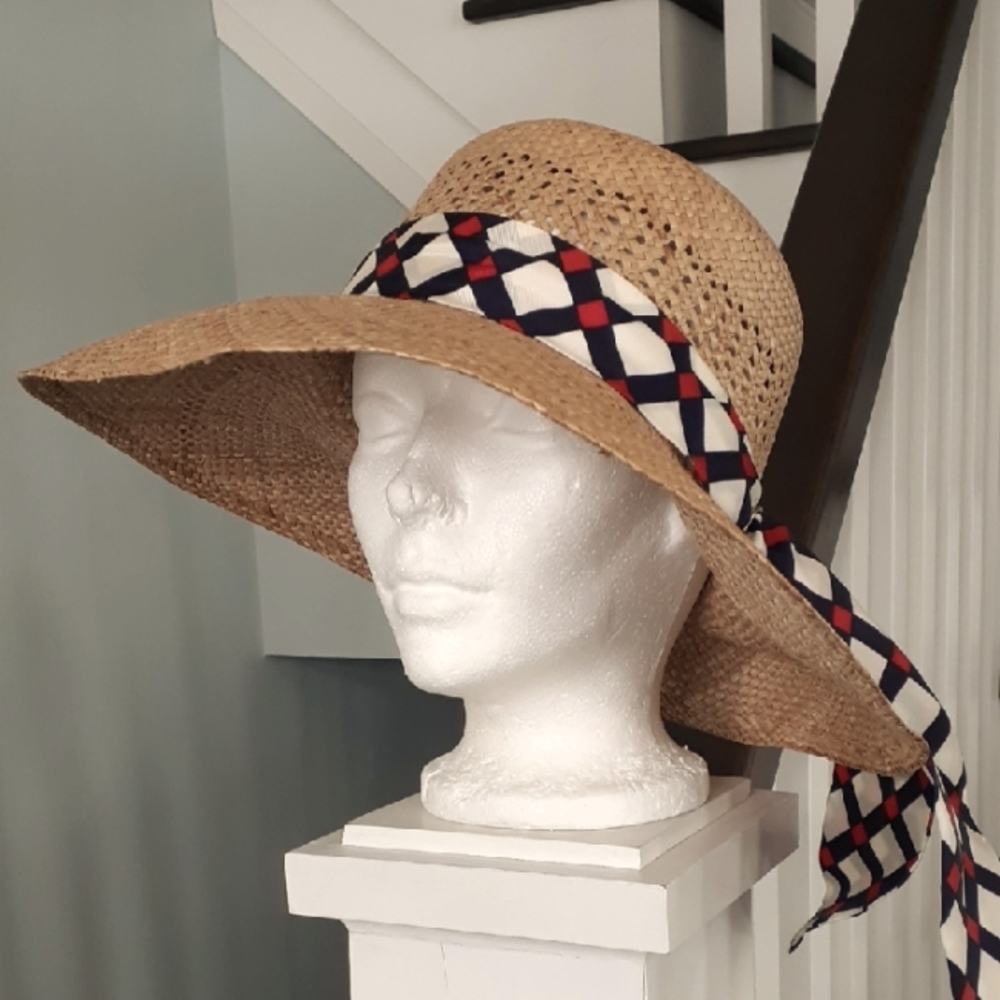 ! Natural straw brimmed sunhat with scarf detail